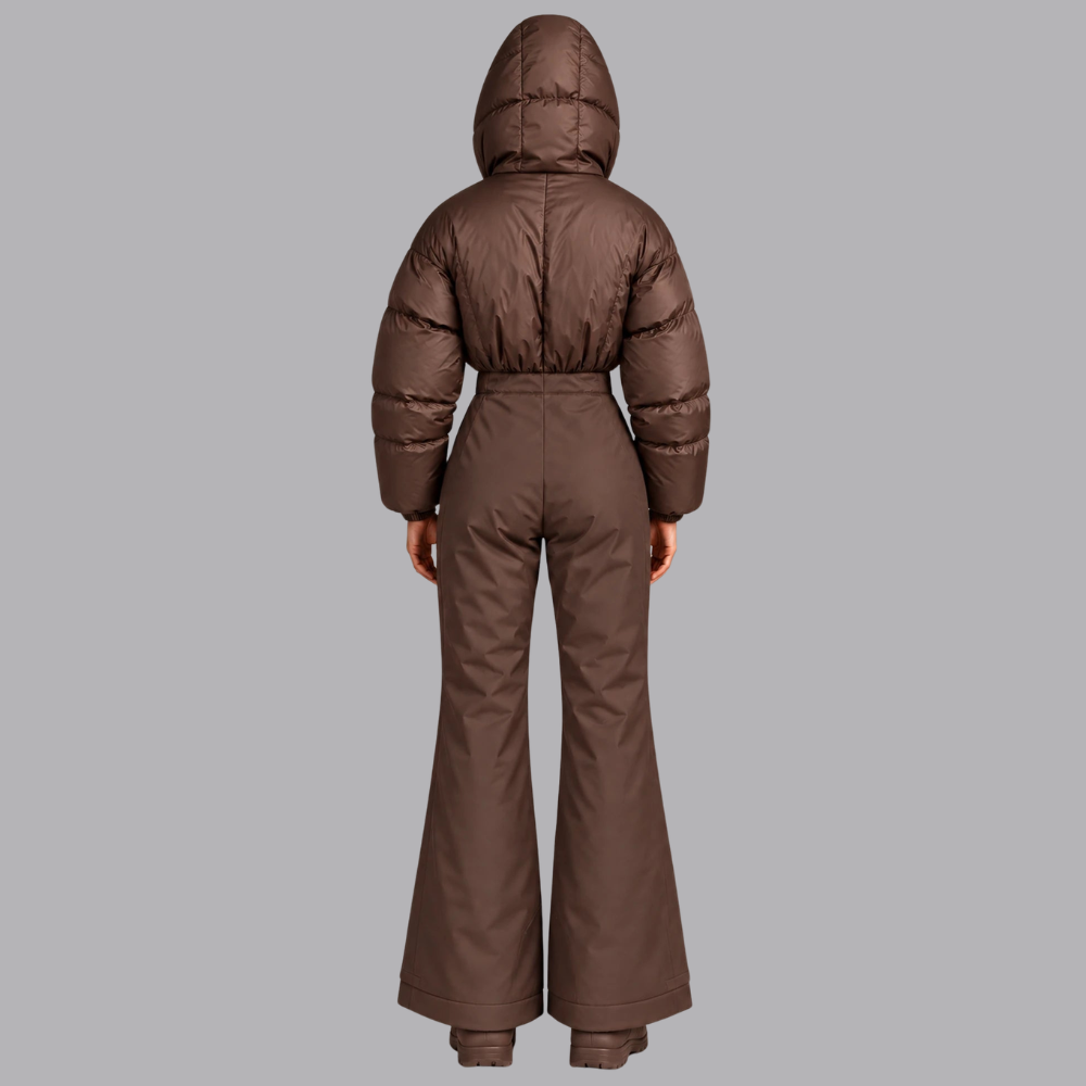 Women’s Padded Ski Jumpsuit Hooded Collar Zip Front Wide Leg