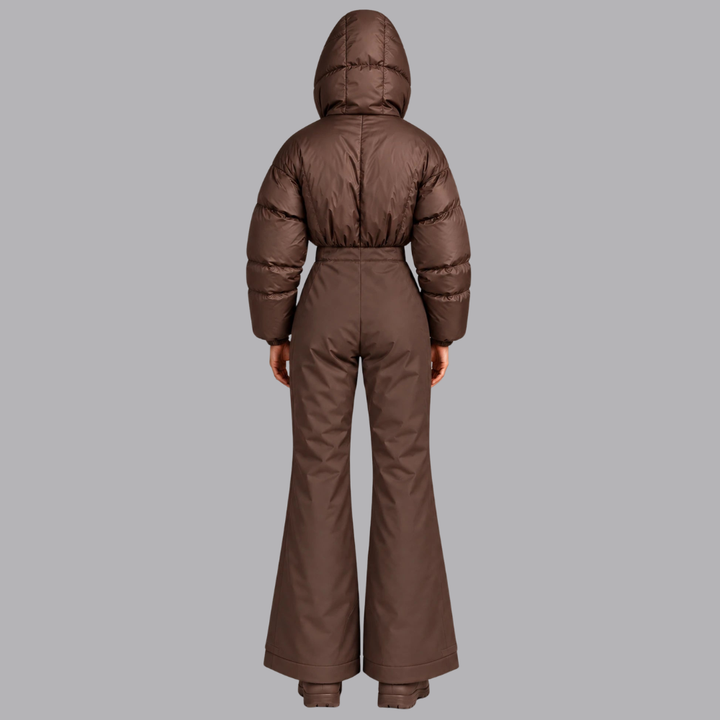 Women’s Padded Ski Jumpsuit Hooded Collar Zip Front Wide Leg