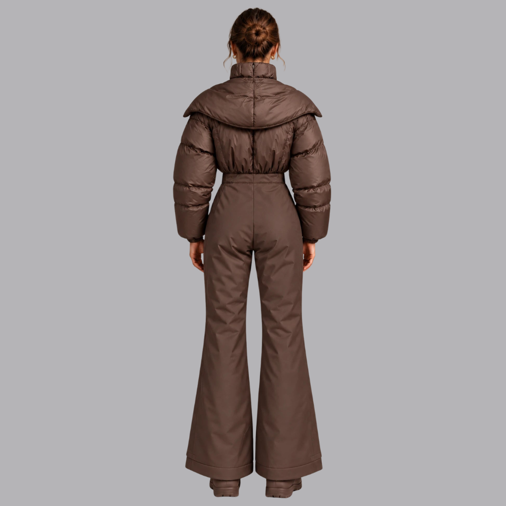 Women’s Padded Ski Jumpsuit Hooded Collar Zip Front Wide Leg