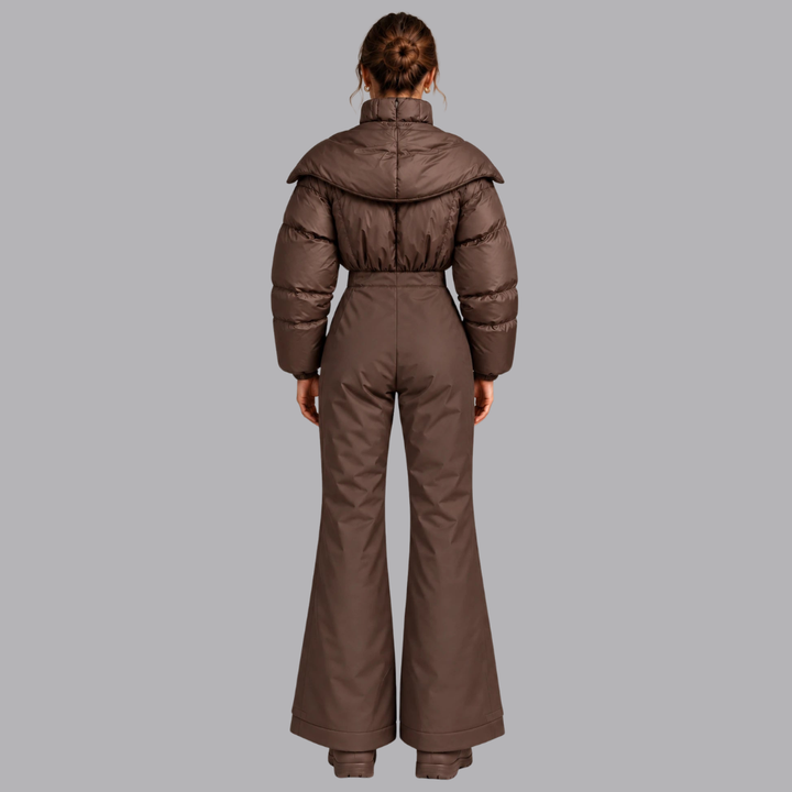 Women’s Padded Ski Jumpsuit Hooded Collar Zip Front Wide Leg
