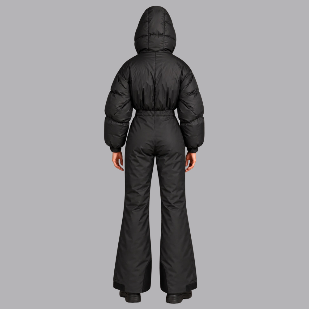 Women’s Padded Ski Jumpsuit Hooded Collar Zip Front Wide Leg