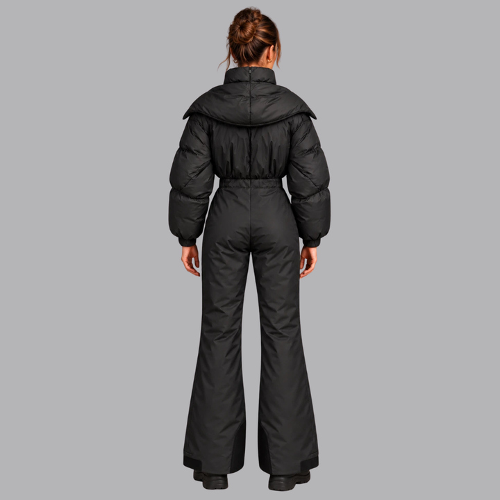 Women’s Padded Ski Jumpsuit Hooded Collar Zip Front Wide Leg