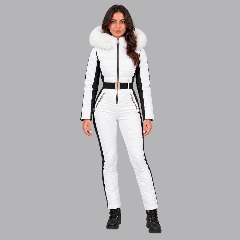 Women’s Padded Ski Suit Faux Fur Hood Belted Waist Flared Trousers
