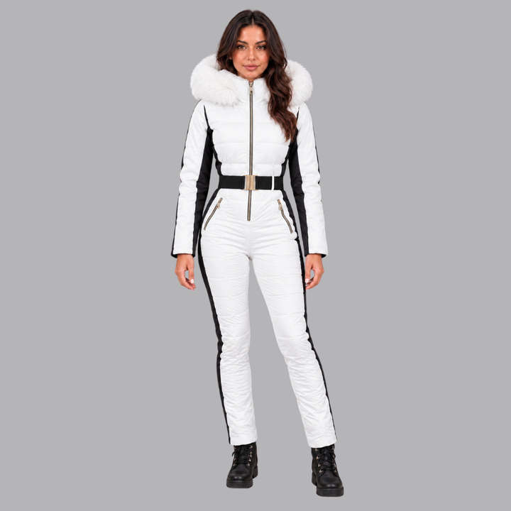 Women’s Padded Ski Suit Faux Fur Hood Belted Waist Flared Trousers