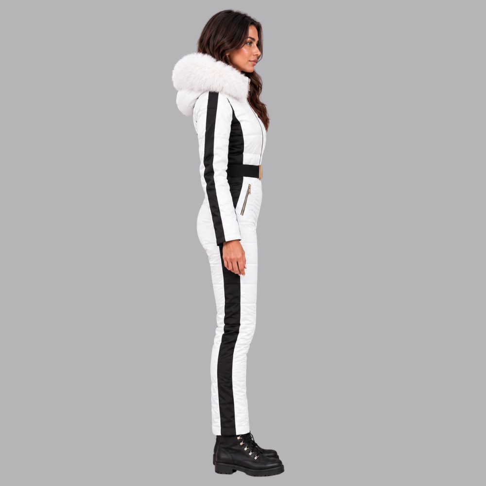 Women’s Padded Ski Suit Faux Fur Hood Belted Waist Flared Trousers