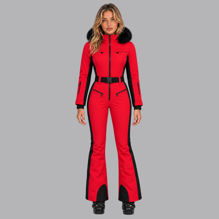 Women’s Padded Ski Suit Faux Fur Hood Belted Waist Flared Trousers
