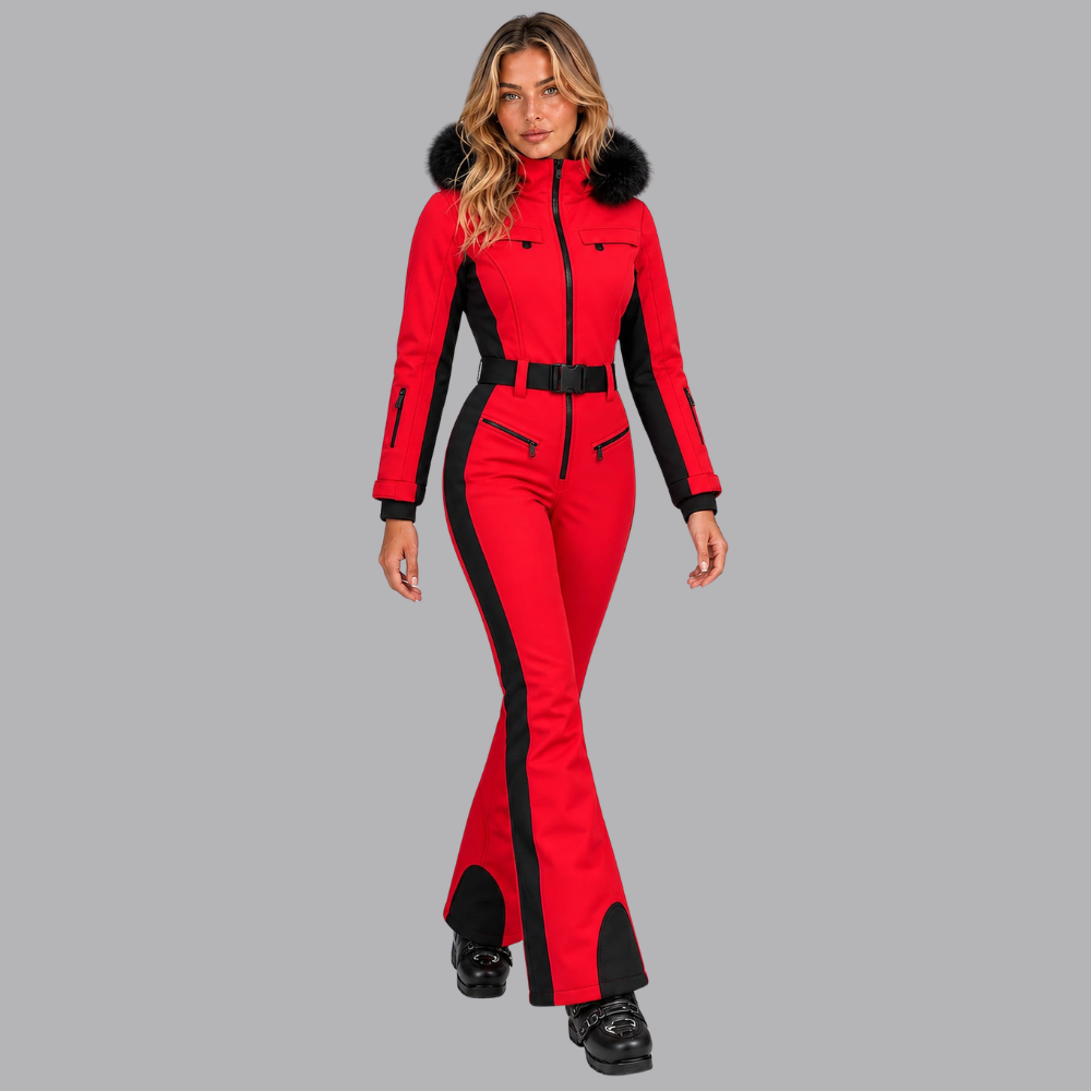 Women’s Padded Ski Suit Faux Fur Hood Belted Waist Flared Trousers