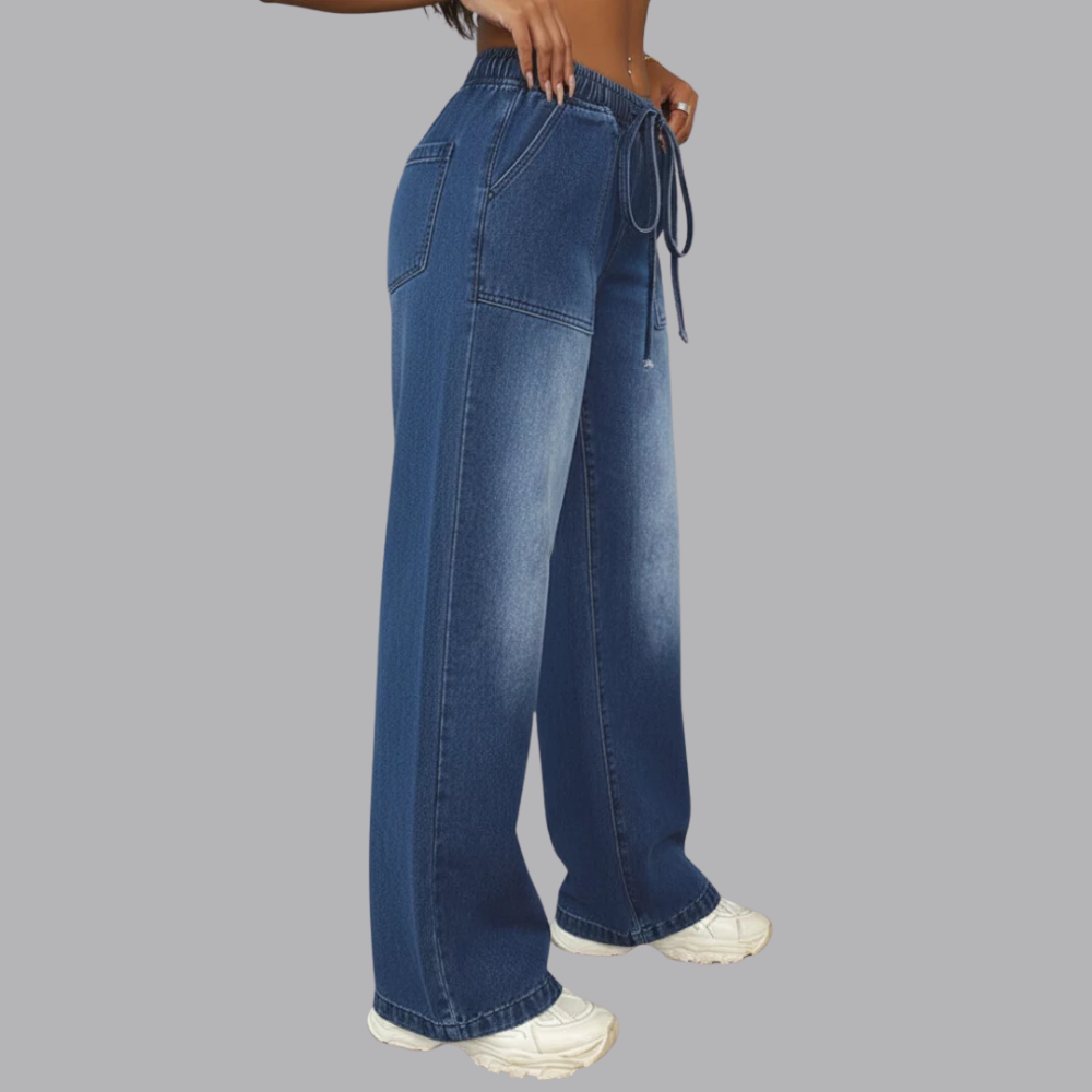 Women’s Wide Leg Jeans Elastic Waist Drawstring Denim Pants