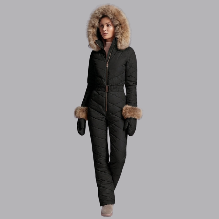 Women’s Quilted Ski Suit Faux Fur Hood Belted One Piece