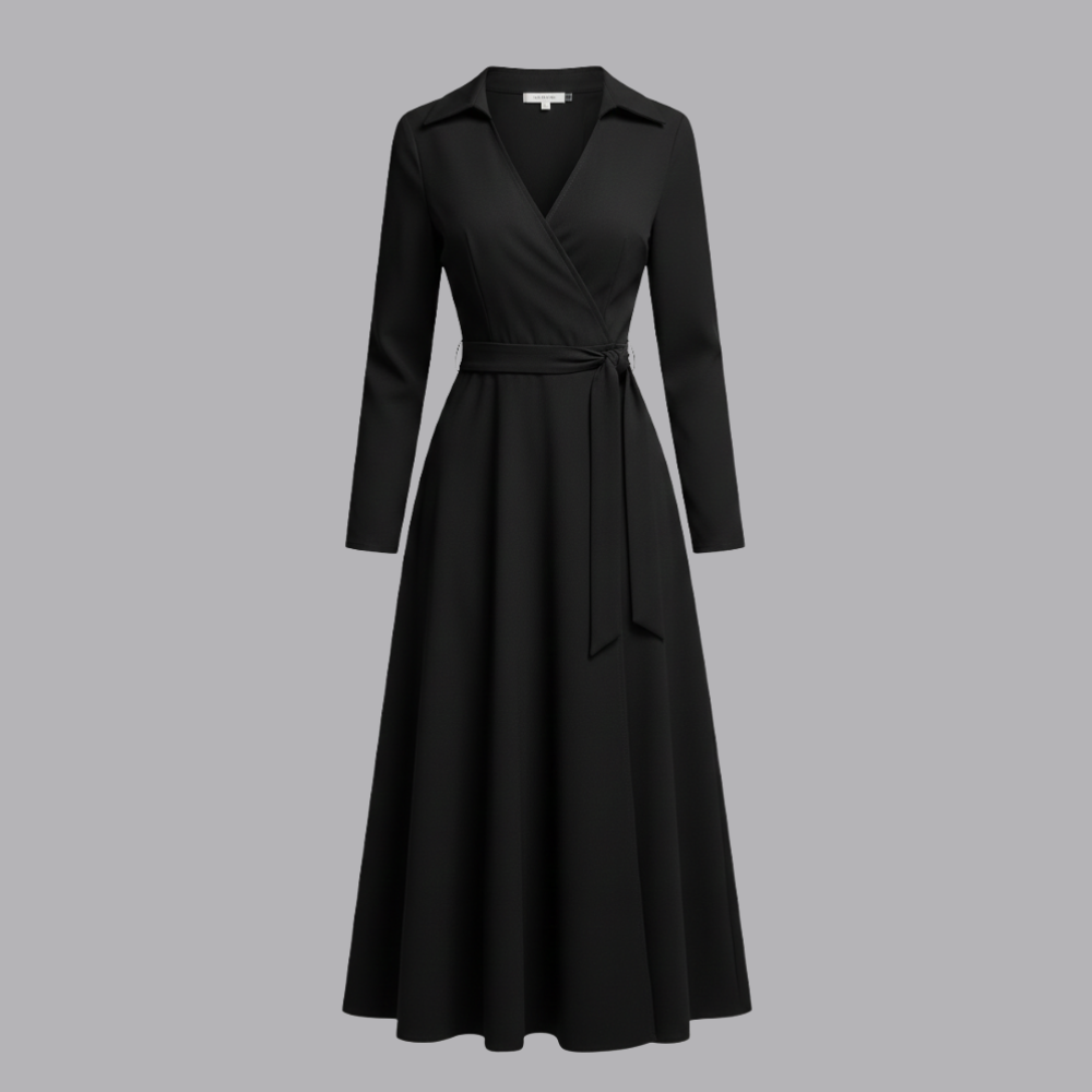 Women’s Long Sleeve Wrap Midi Dress Tie Waist