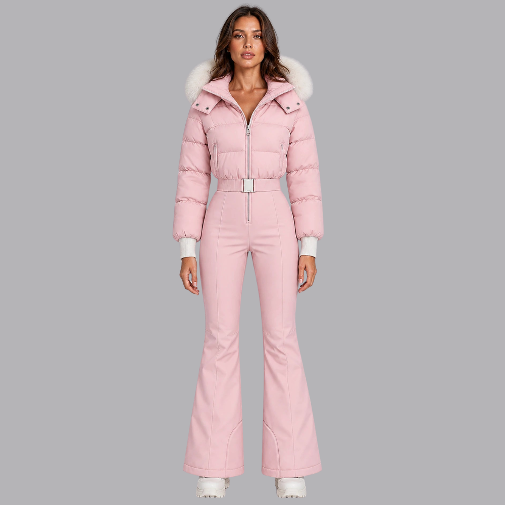 Women’s Padded Ski Suit Faux Fur Hood Belted Waist Flared Trousers