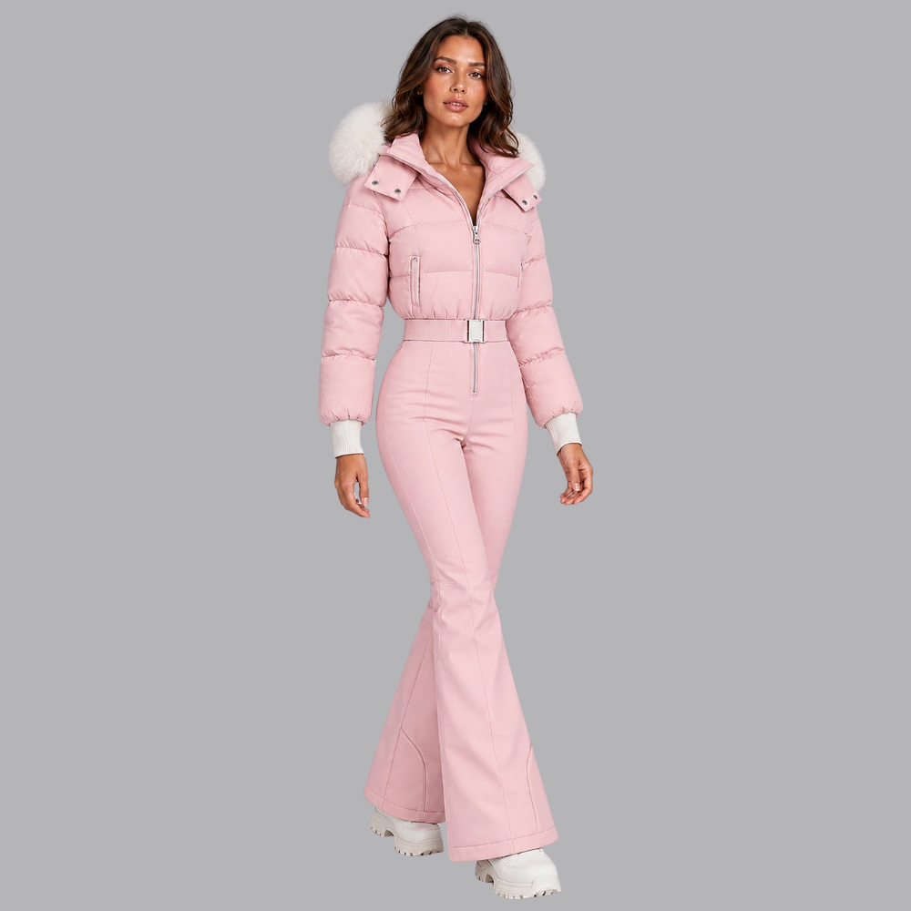 Women’s Padded Ski Suit Faux Fur Hood Belted Waist Flared Trousers
