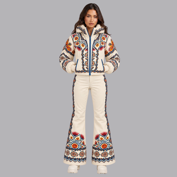 Women’s Printed Ski Suit Hooded Jacket Flared Trousers Set
