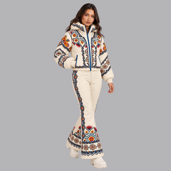 Women’s Printed Ski Suit Hooded Jacket Flared Trousers Set