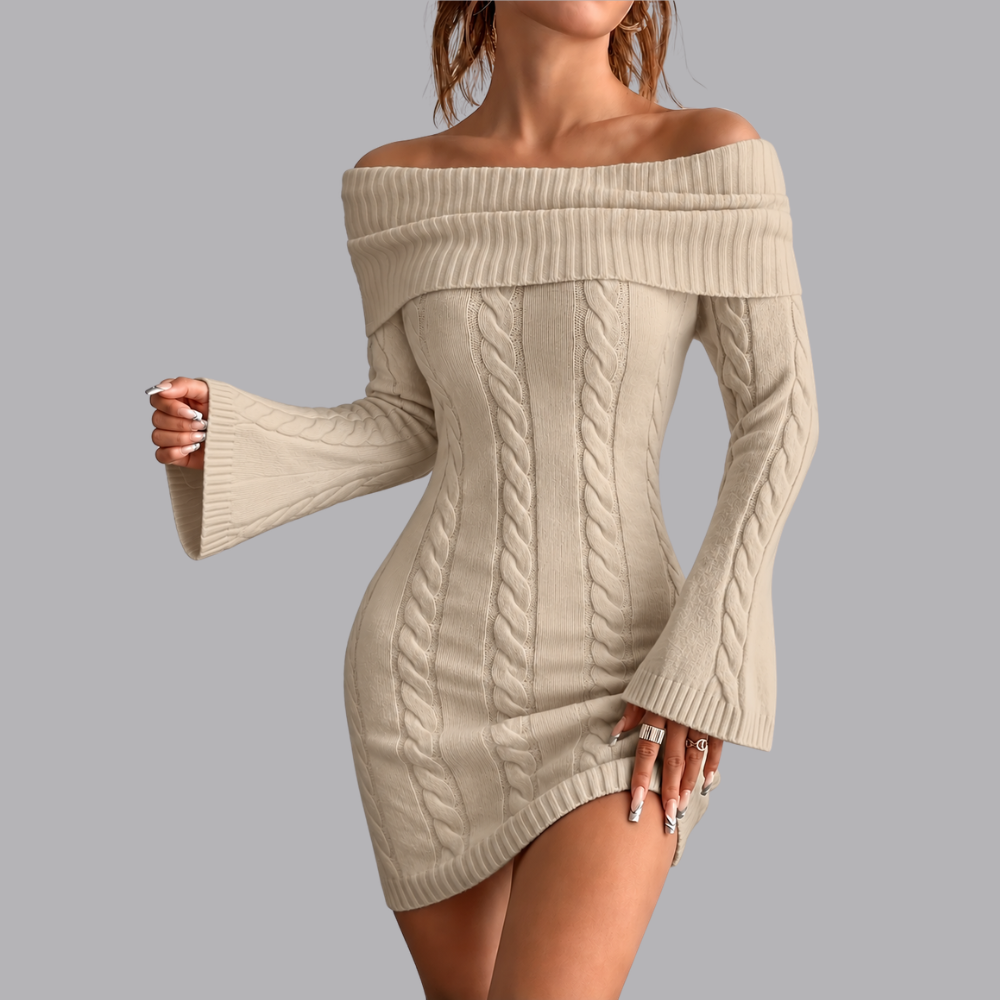 Women’s Off Shoulder Sweater Mini Dress Cable Knit Long Sleeve