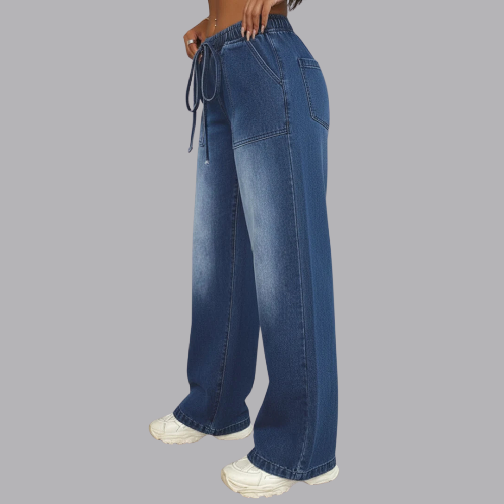 Women’s Wide Leg Jeans Elastic Waist Drawstring Denim Pants