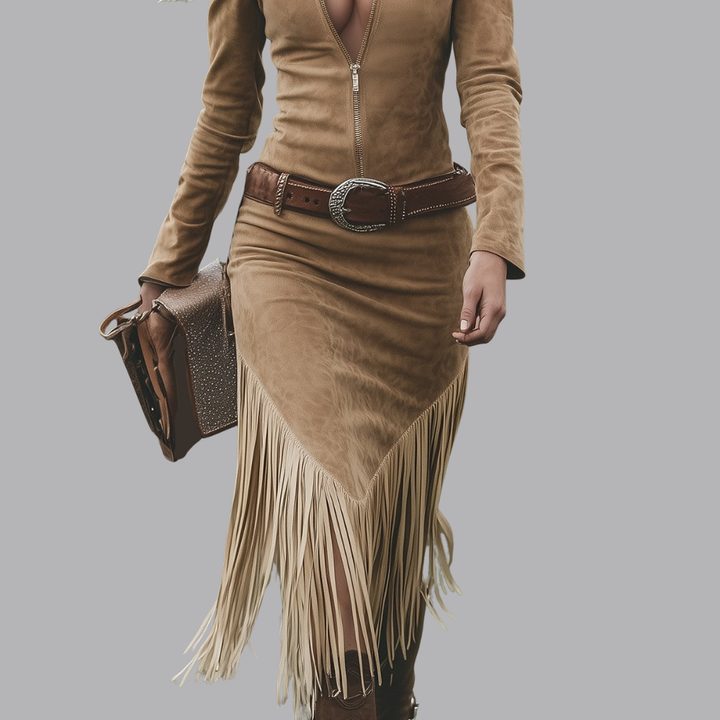 Women’s Suede Fringe Midi Dress Long Sleeve Western Style
