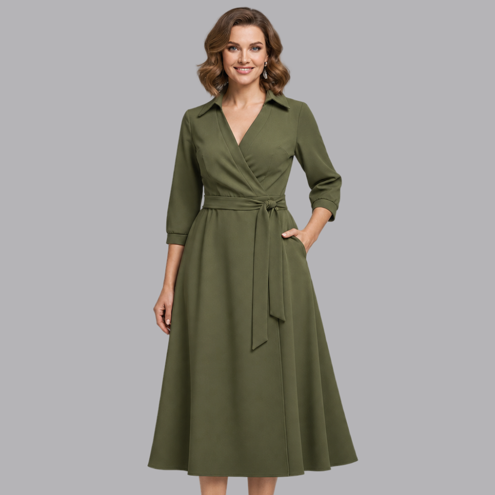 Women’s Long Sleeve Wrap Midi Dress Tie Waist