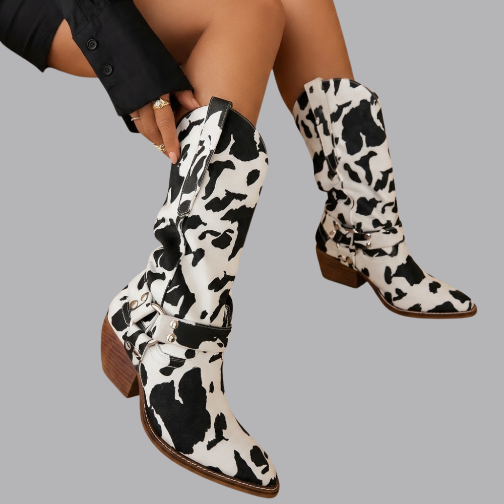 Women’s Cow Print Western Cowboy Boots Chunky Heel