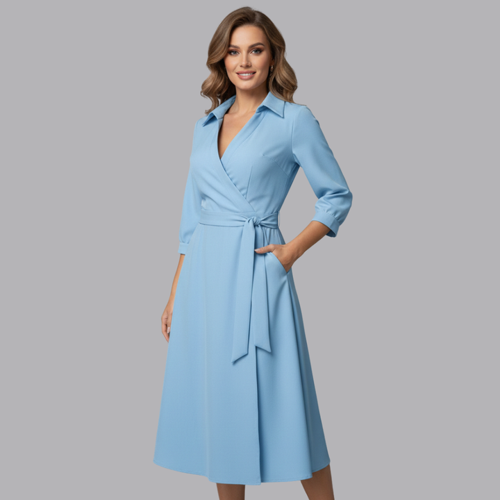 Women’s Long Sleeve Wrap Midi Dress Tie Waist
