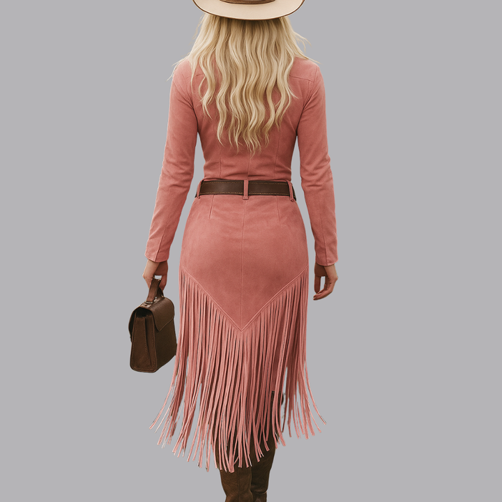 Women’s Suede Fringe Midi Dress Long Sleeve Western Style
