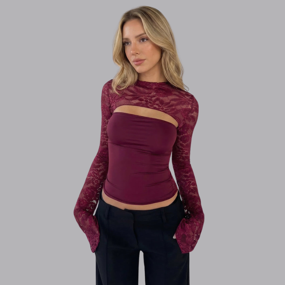 Women’s Floral Lace Sleeve Cut Out Front Fitted Top