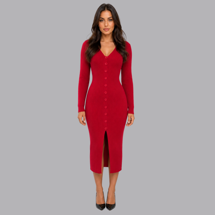 Women’s Long Sleeve V Neck Knitted Midi Dress Button Front