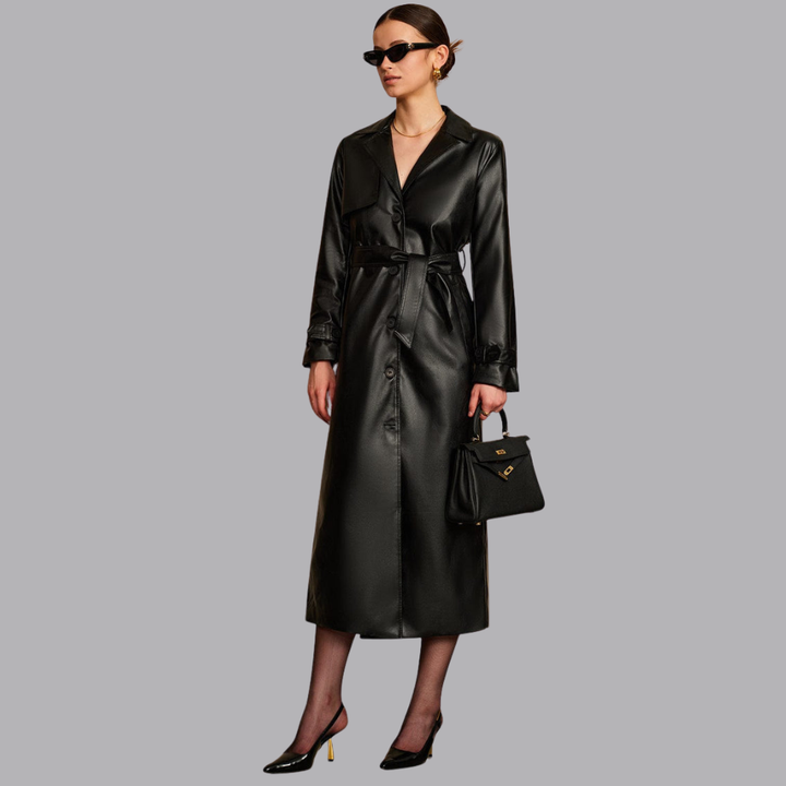 Women’s Faux Leather Trench Coat Longline Belted Button Front
