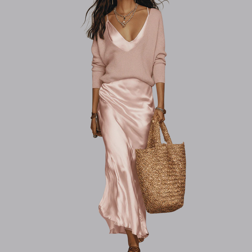 Women’s Satin Midi Skirt Long Sleeve Two Piece Set