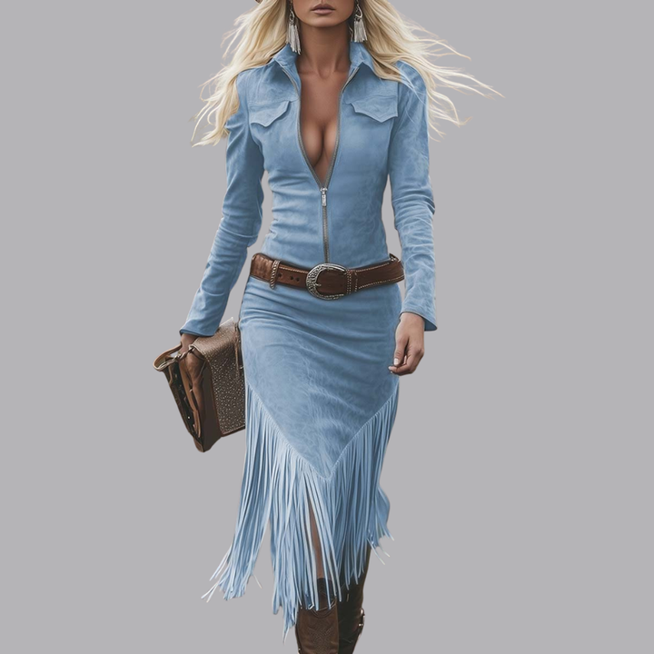 Women’s Suede Fringe Midi Dress Long Sleeve Western Style