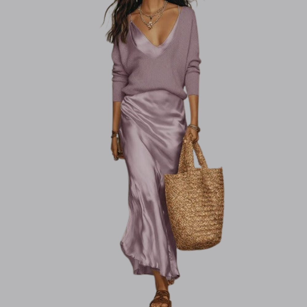 Women’s Satin Midi Skirt Long Sleeve Two Piece Set