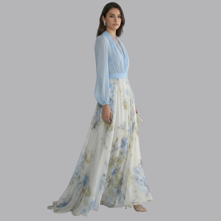 Women’s Floral Maxi Dress Deep V Neck Chiffon Gown