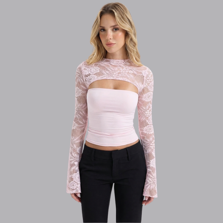 Women’s Floral Lace Sleeve Cut Out Front Fitted Top