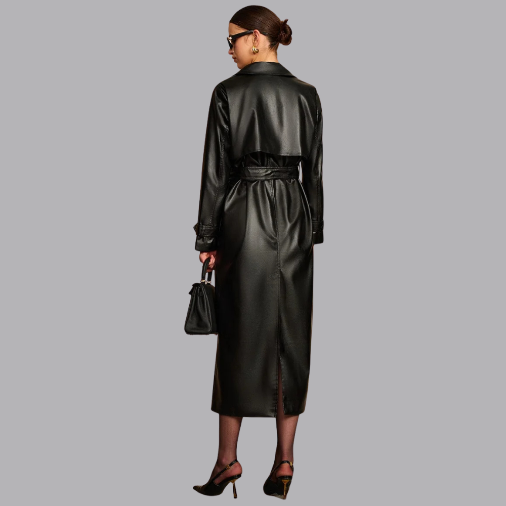 Women’s Faux Leather Trench Coat Longline Belted Button Front