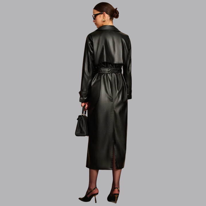 Women’s Faux Leather Trench Coat Longline Belted Button Front