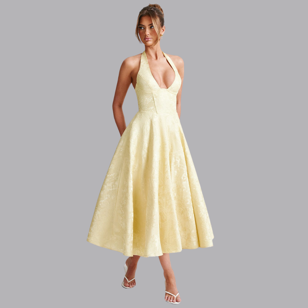 Women’s Halter Wedding Guest Dress V Neck A Line