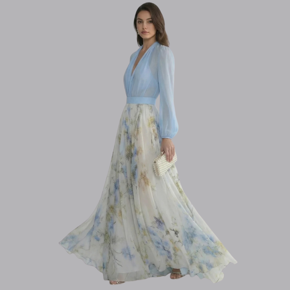 Women’s Floral Maxi Dress Deep V Neck Chiffon Gown
