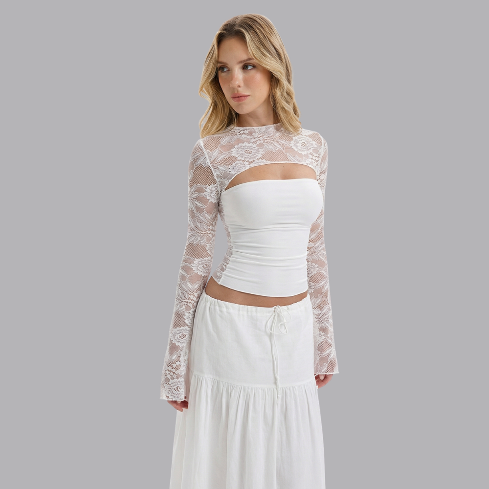 Women’s Floral Lace Sleeve Cut Out Front Fitted Top