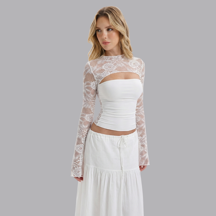 Women’s Floral Lace Sleeve Cut Out Front Fitted Top