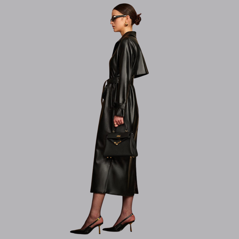 Women’s Faux Leather Trench Coat Longline Belted Button Front