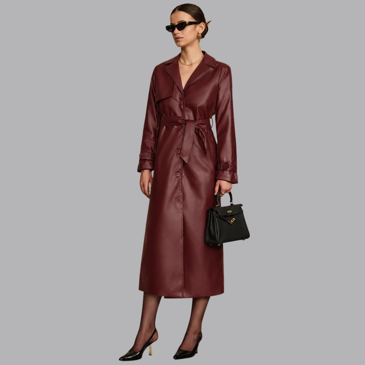 Women’s Faux Leather Trench Coat Longline Belted Button Front