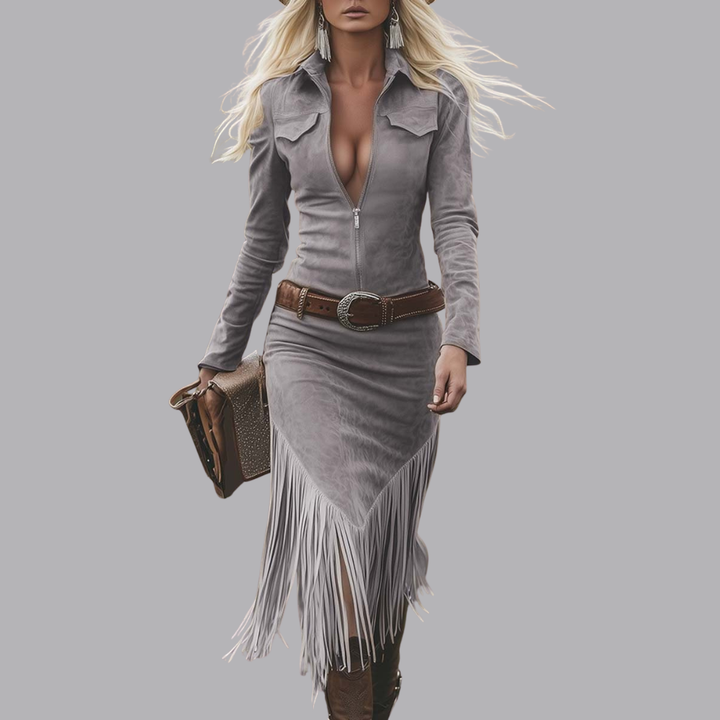 Women’s Suede Fringe Midi Dress Long Sleeve Western Style