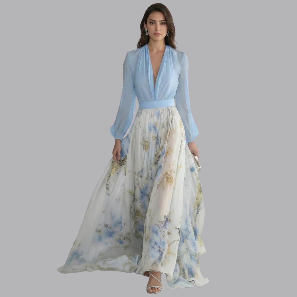 Women’s Floral Maxi Dress Deep V Neck Chiffon Gown