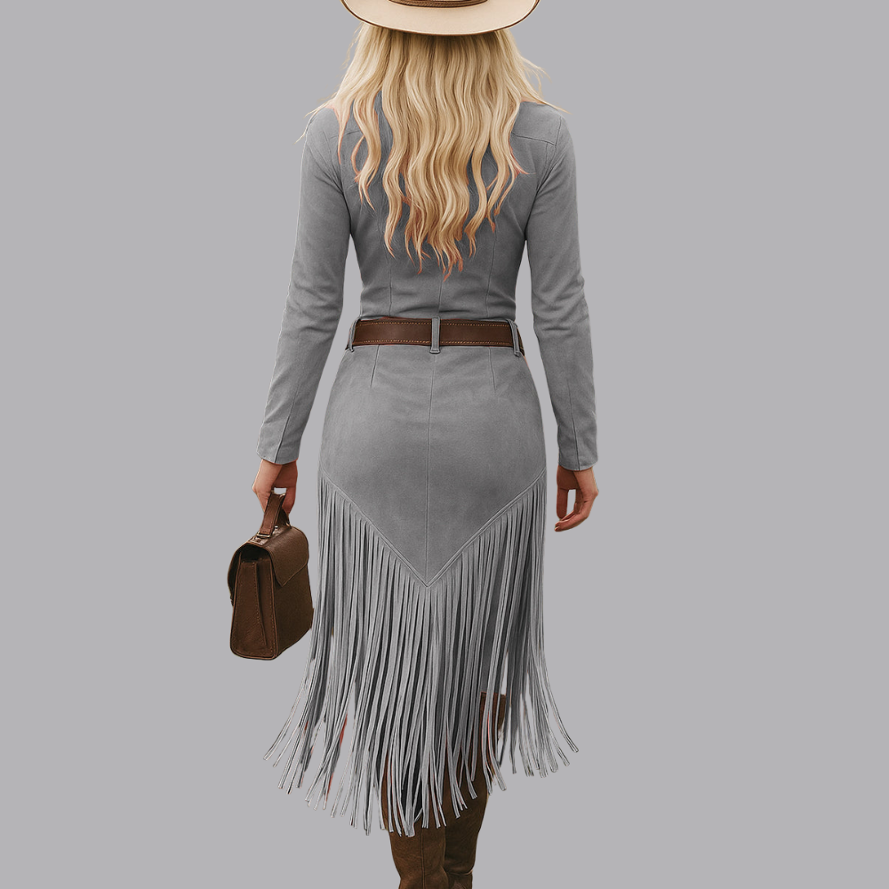 Women’s Suede Fringe Midi Dress Long Sleeve Western Style