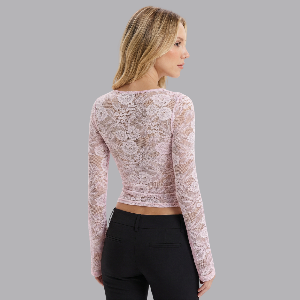 Women’s Floral Lace Sleeve Cut Out Front Fitted Top