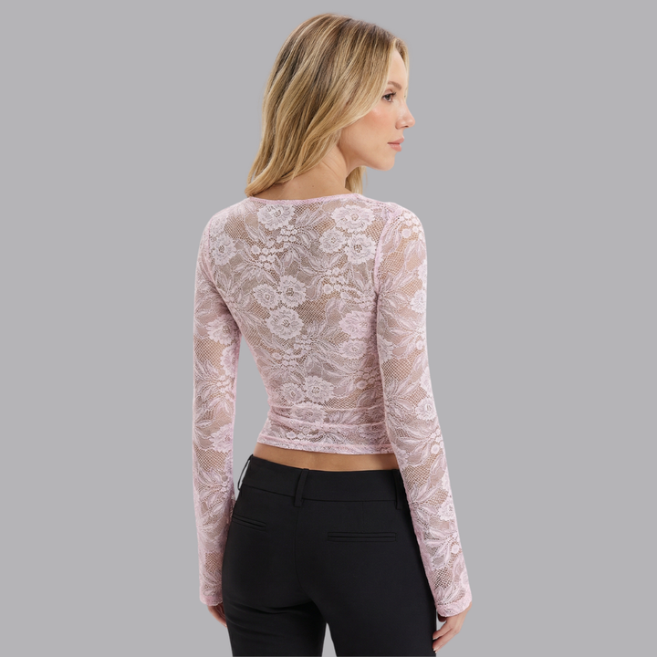 Women’s Floral Lace Sleeve Cut Out Front Fitted Top