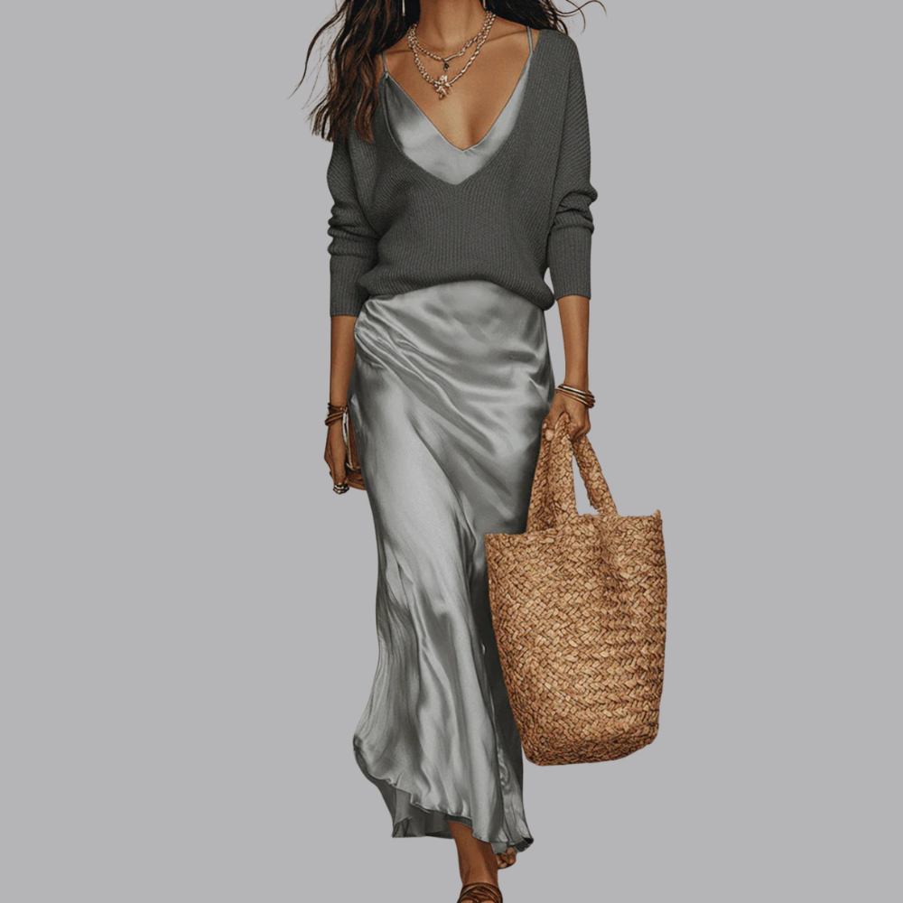 Women’s Satin Midi Skirt Long Sleeve Two Piece Set