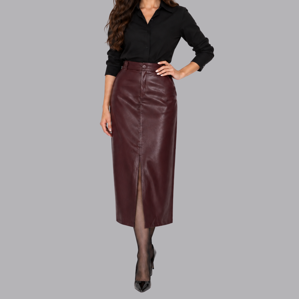 Women’s Faux Leather Midi Skirt Front Slit High Waist