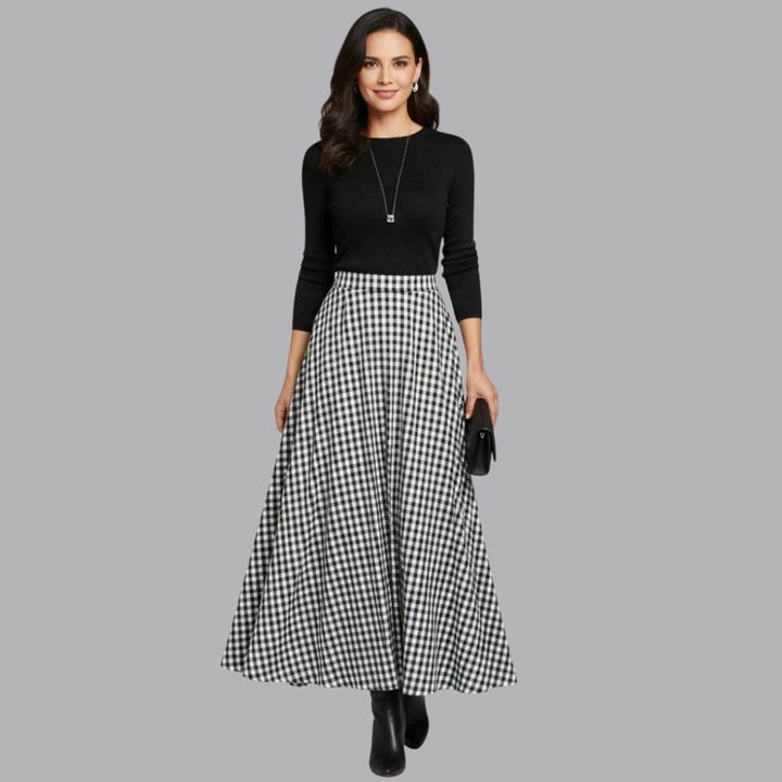 Women’s Checked Maxi Skirt High Waisted Flared Fit