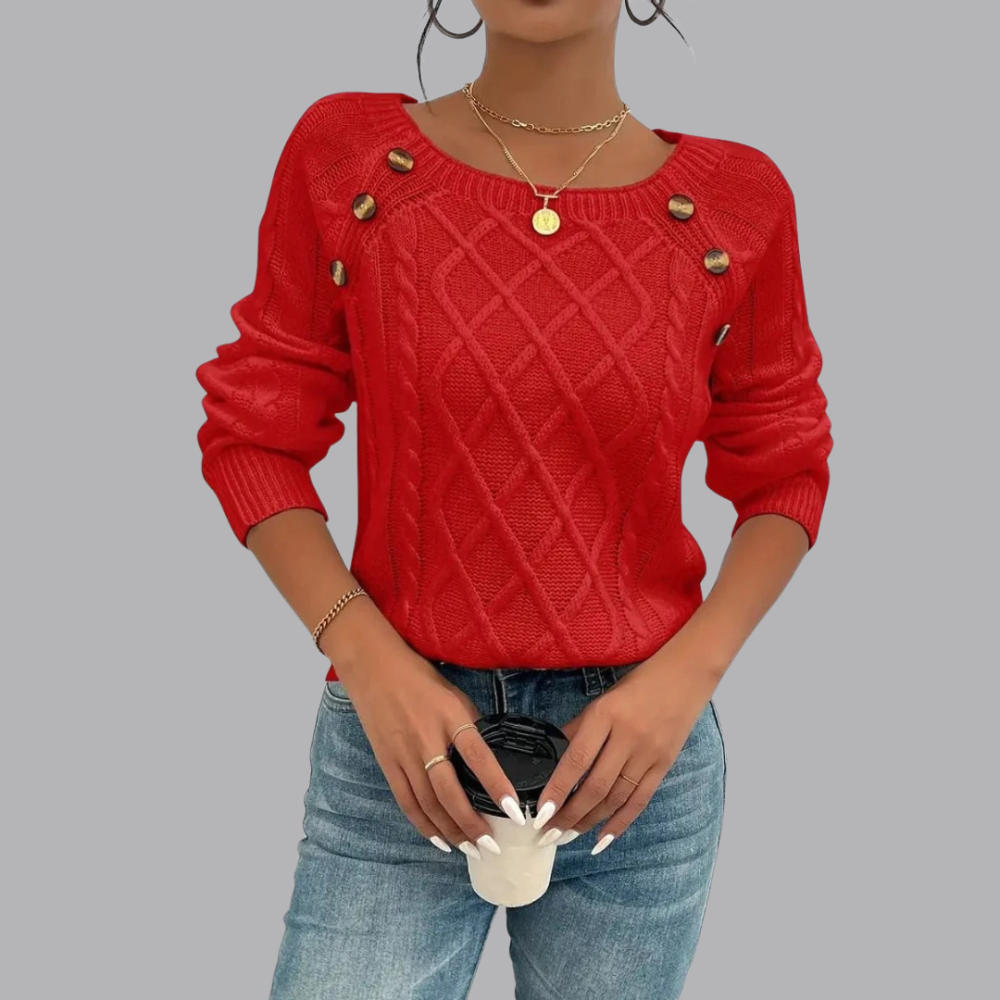 Women’s Cable Knit Jumper Boat Neck Button Detail Sweater